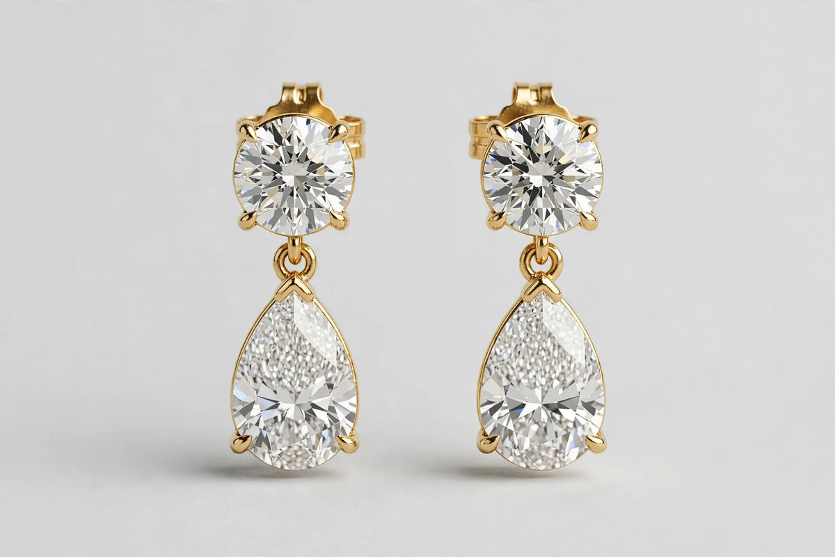 3.20 CTW Lab-Grown Round & Pear Diamond Stud Earrings | 14K Yellow Gold