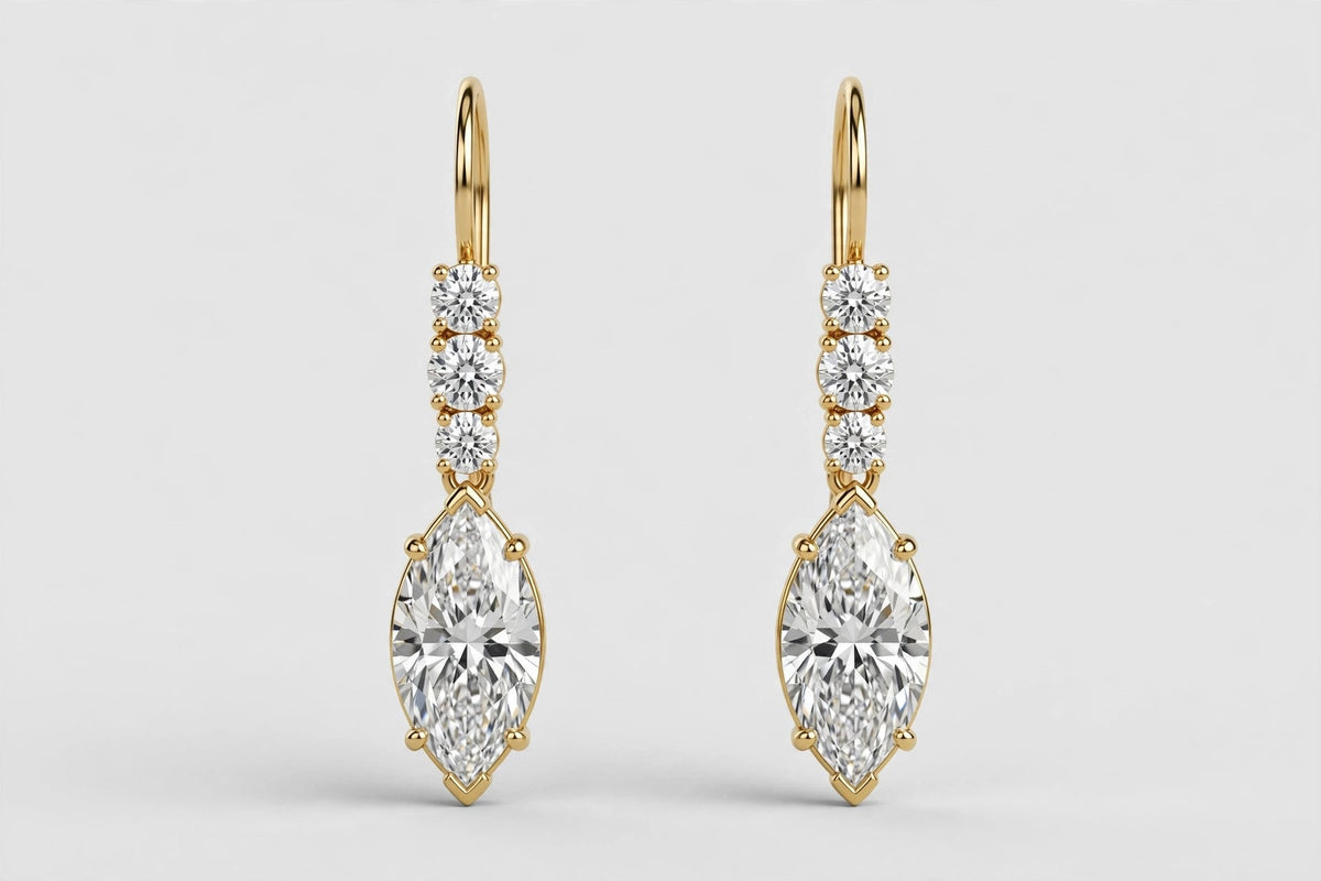 3 CTW Round & Marquise Diamond Stud Earrings | 18K Yellow Gold
